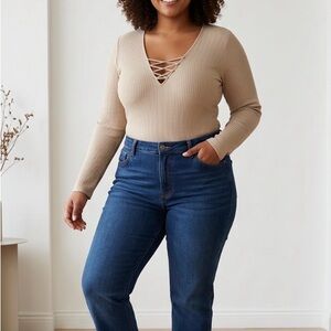 NWT Beige Ribbed V-Neck Bodysuit